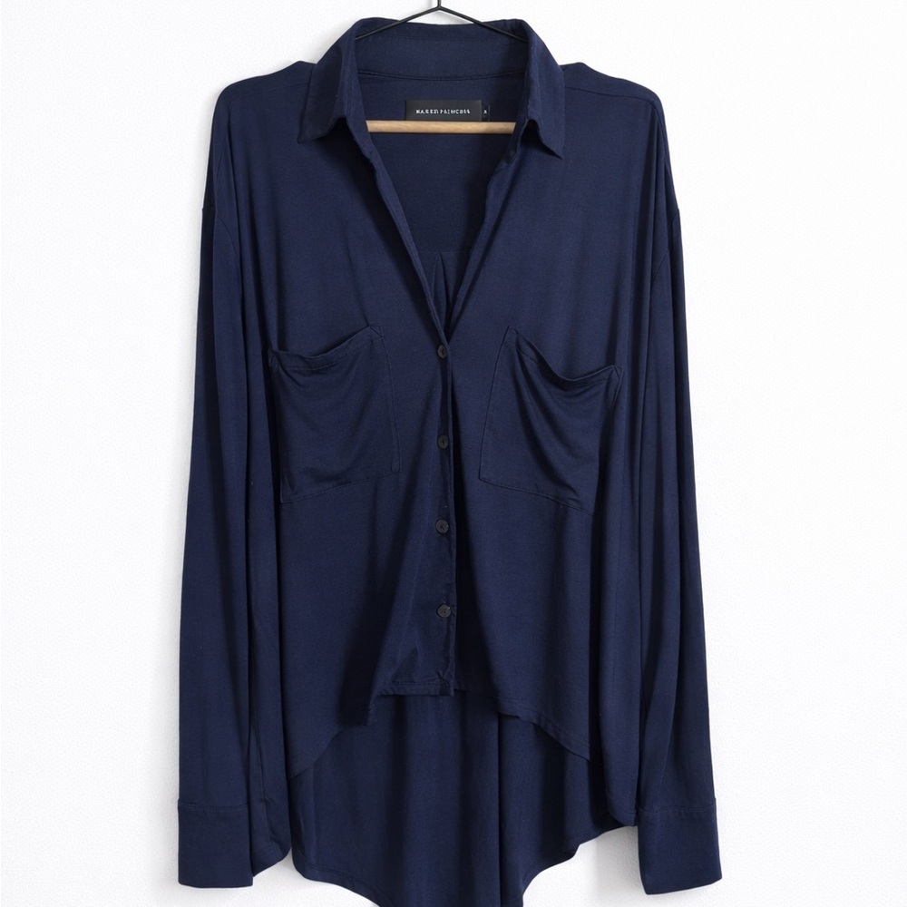 Naked Princess Navy Draped Button Up Blouse Small Soft Minimalist Top